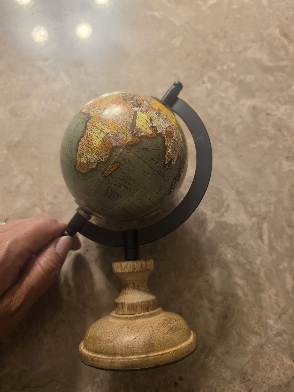 Vintage Style Green and Brown Desktop Globe with Wooden Base